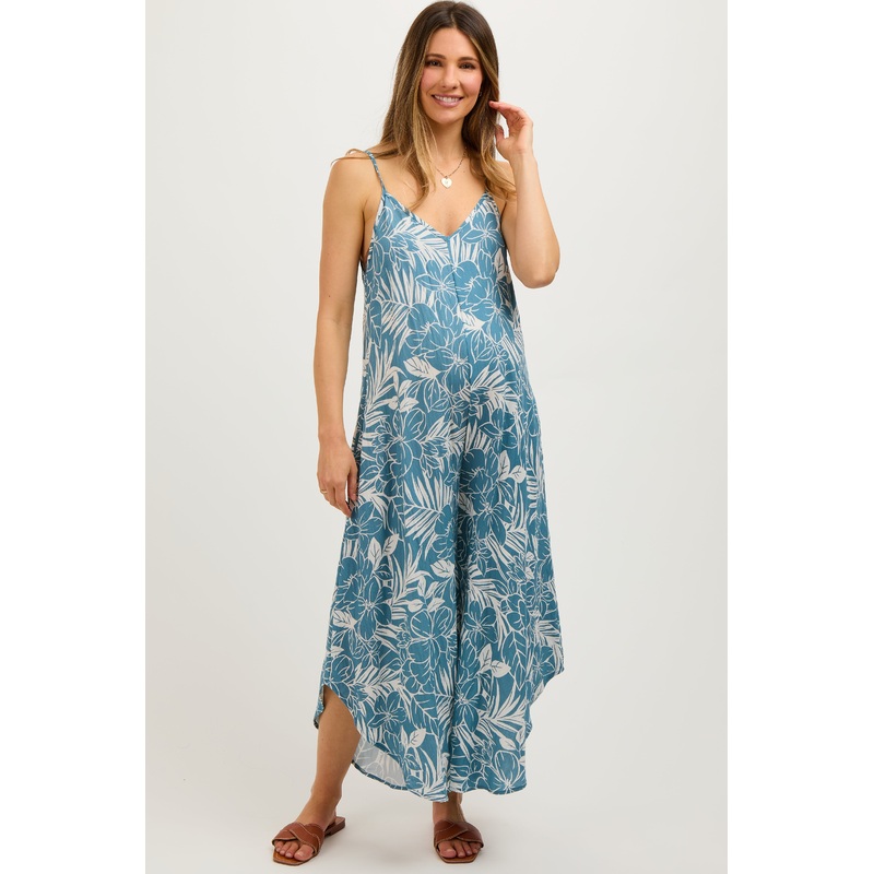 Blue Tropical Floral V-Neck Round Hem Maternity Jumpsuit