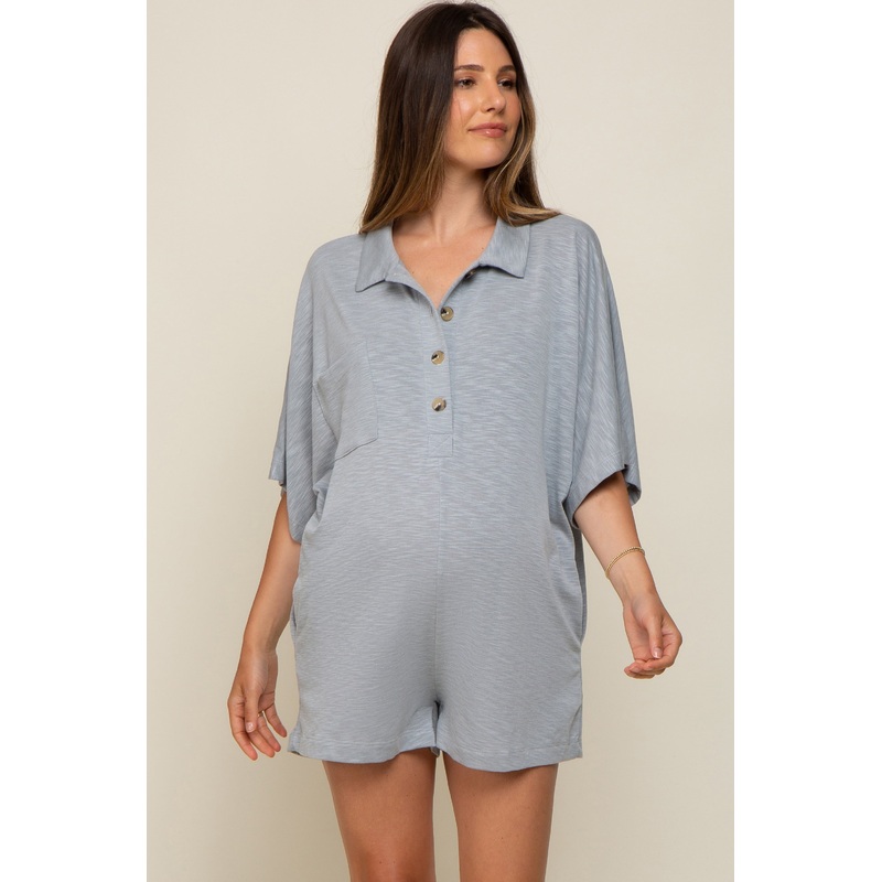 Grey Heathered Front Button Maternity Romper
