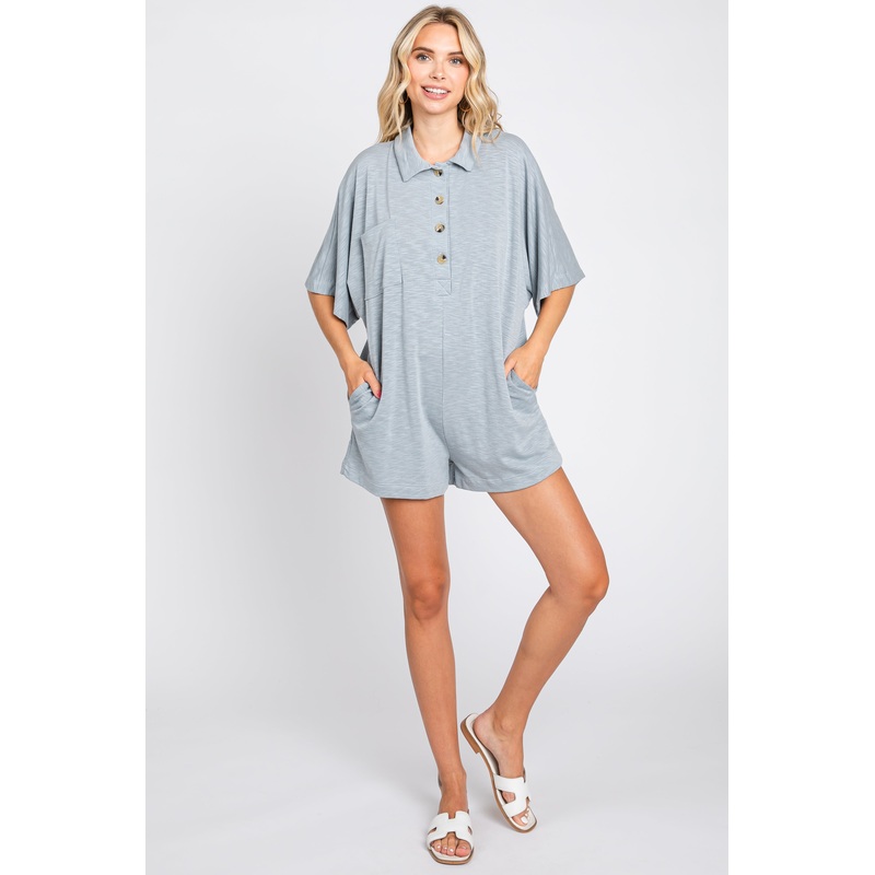 Grey Heathered Front Button Romper