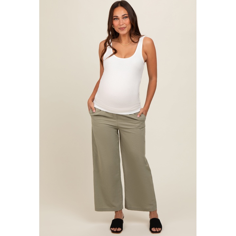 Light Olive Ankle Wide Leg Maternity Trousers