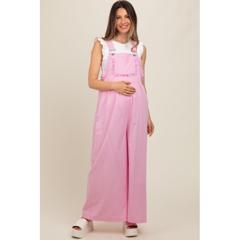 Light Pink Crochet Lace Trim Maternity Overalls