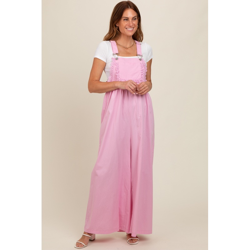 Light Pink Crochet Lace Trim Overalls