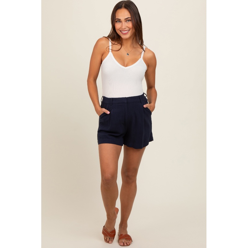 Navy Blue Pleated Maternity Shorts