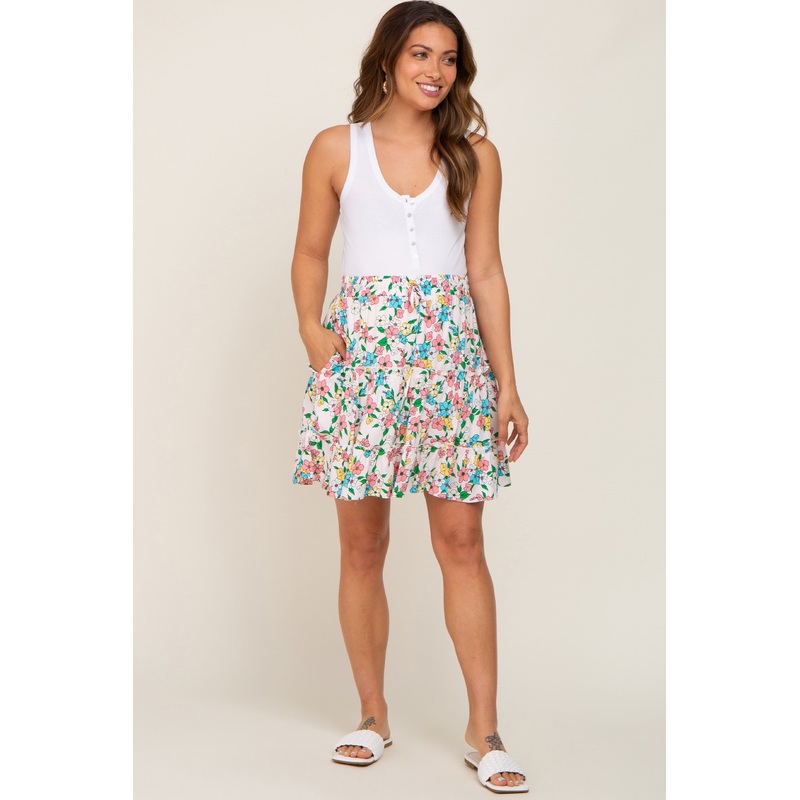 Peach Floral Tiered Maternity Mini Skirt