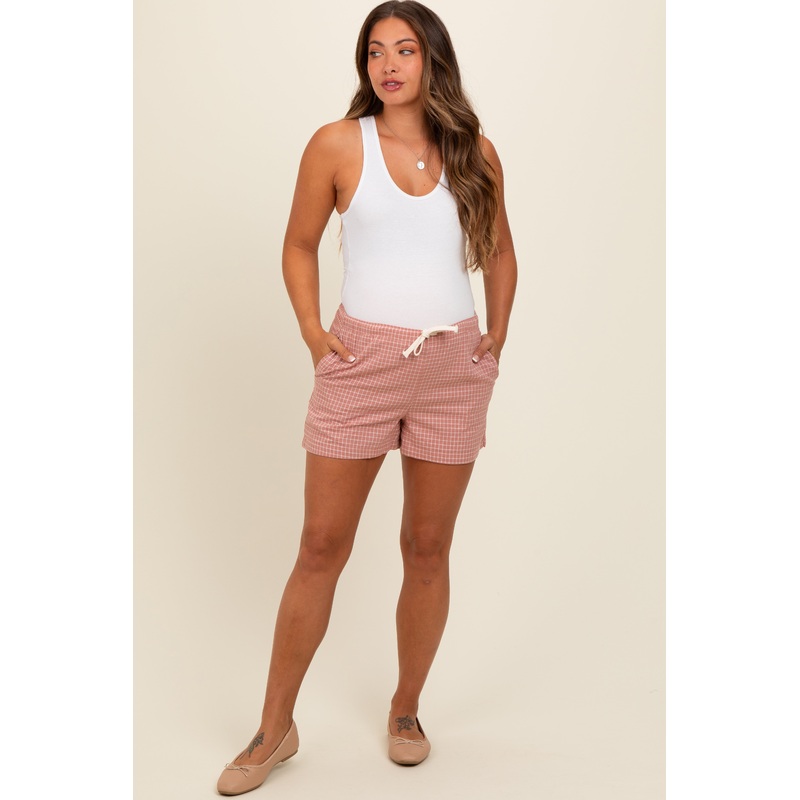 Pink Checker Plaid Drawstring Maternity Shorts
