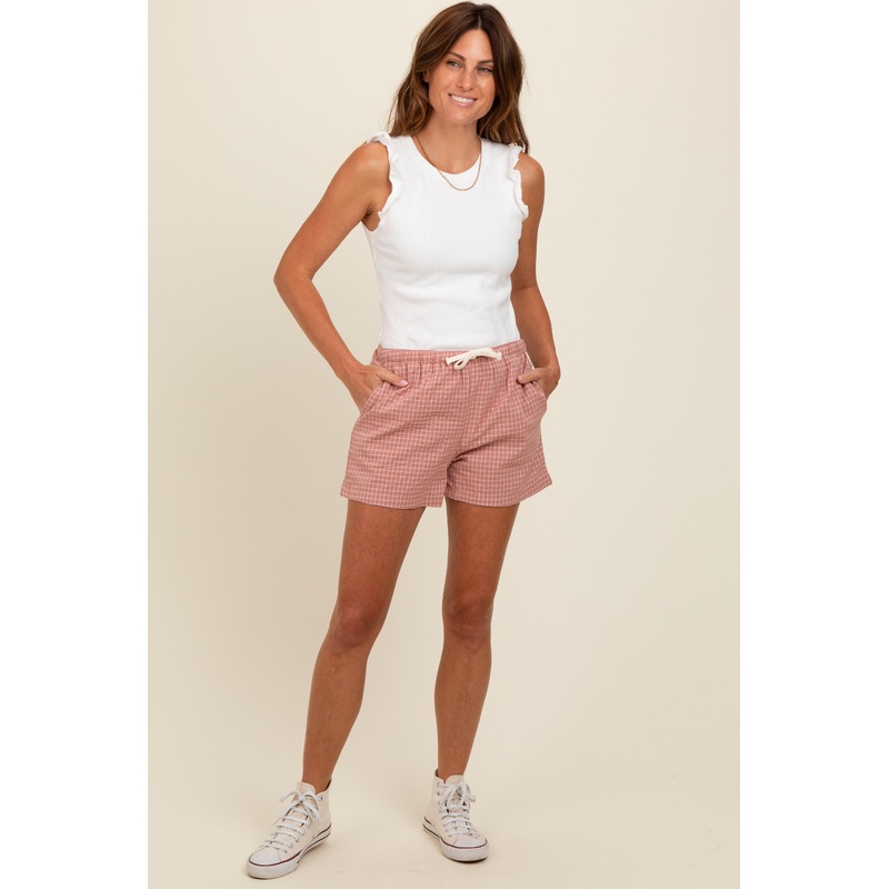 Pink Checker Plaid Drawstring Shorts
