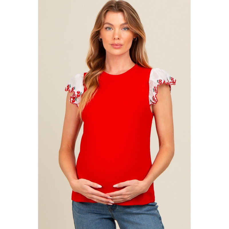 Red Embroidered Ruffle Sleeve Maternity Top