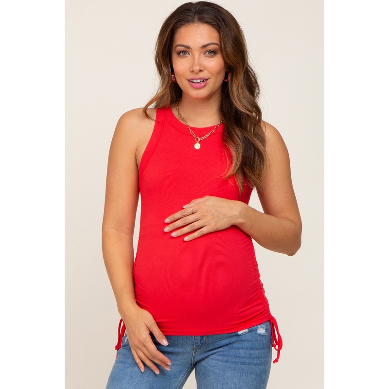 Red Ruched Tie Maternity Tank Top