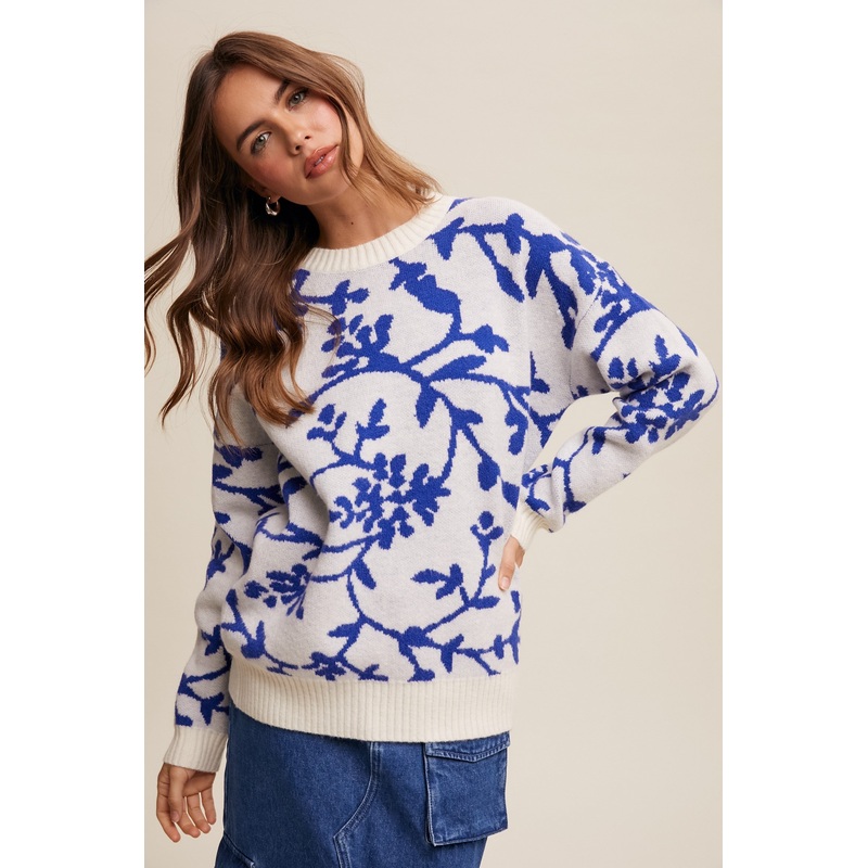 Royal Blue Floral Drop Shoulder Sweater