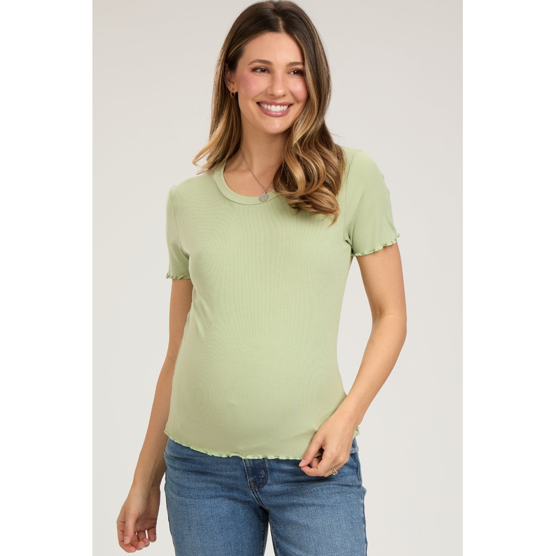 Sage Ribbed Fitted Lettuce Trim Maternity Top