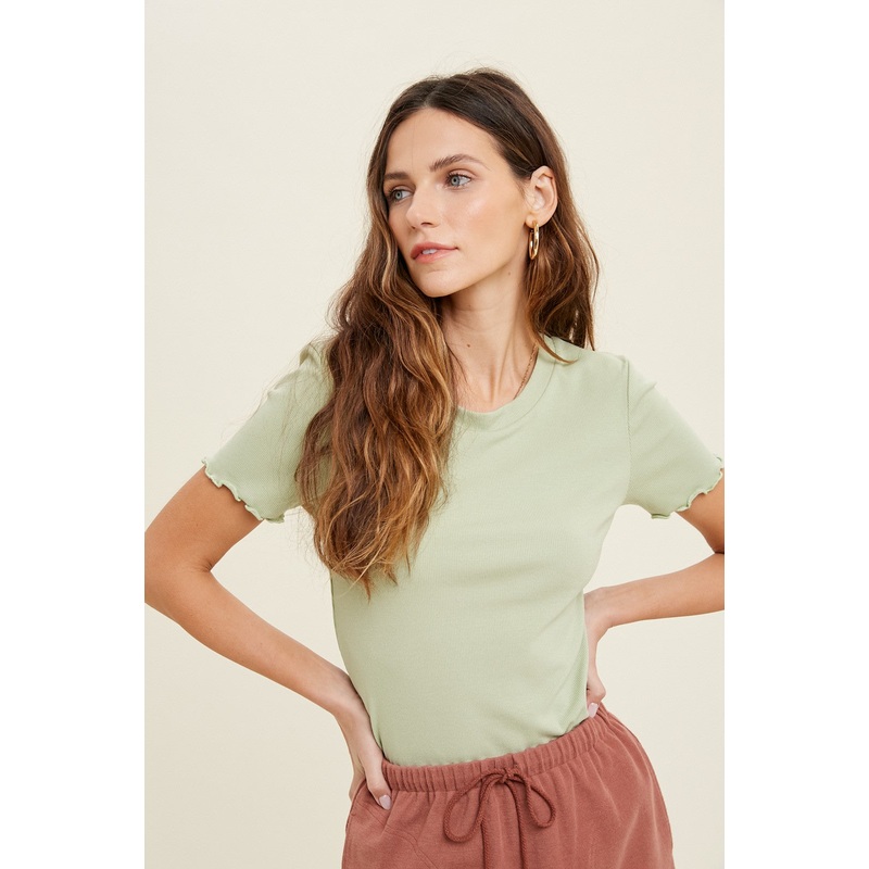 Sage Ribbed Fitted Lettuce Trim Top