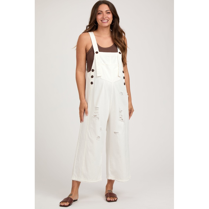 White Side Button Distressed Maternity Overalls