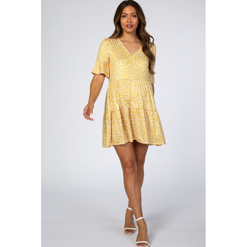 Yellow Animal Print Ruffle Sleeve Maternity Dress