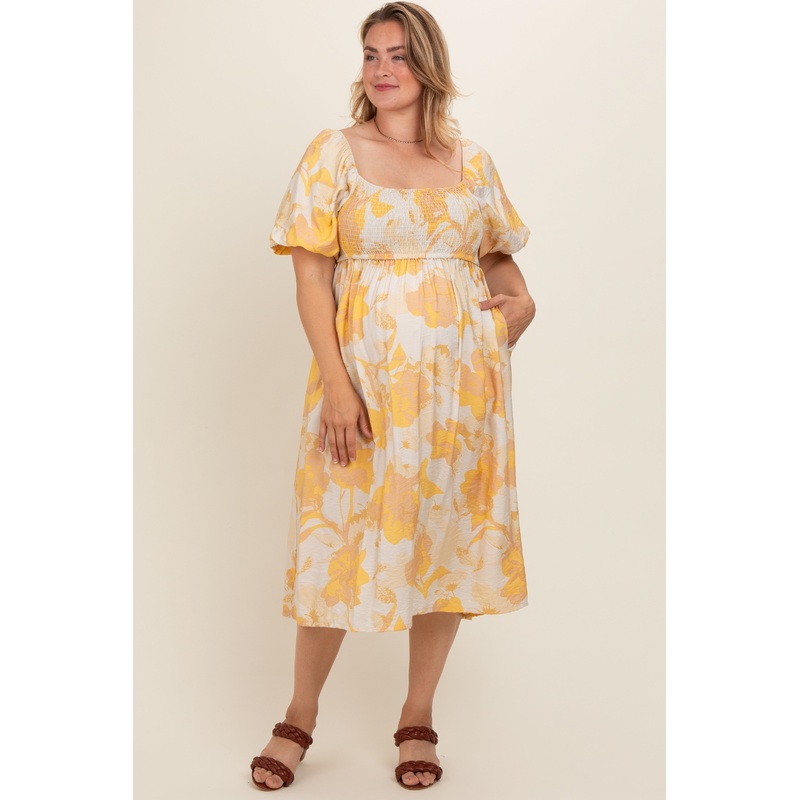 Yellow Floral Square Neck Smocked Short Puff Sleeve Maternity Plus Midi Dress