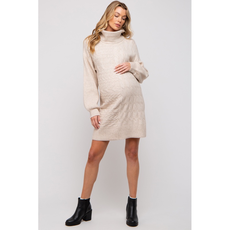 Beige Cable Knit Maternity Mini Sweater Dress
