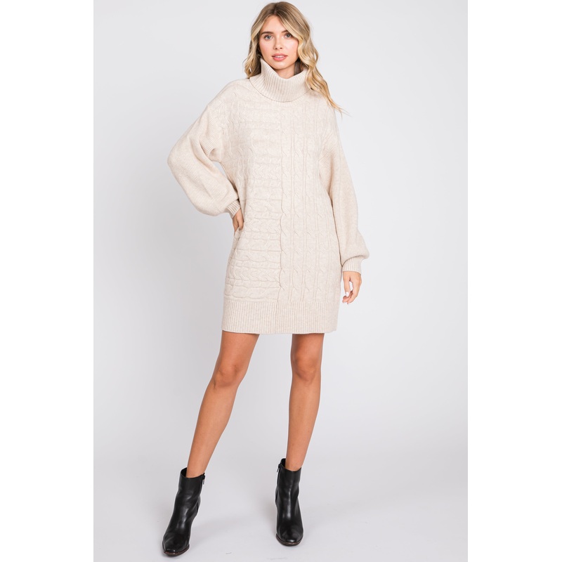 Beige Cable Knit Mini Sweater Dress