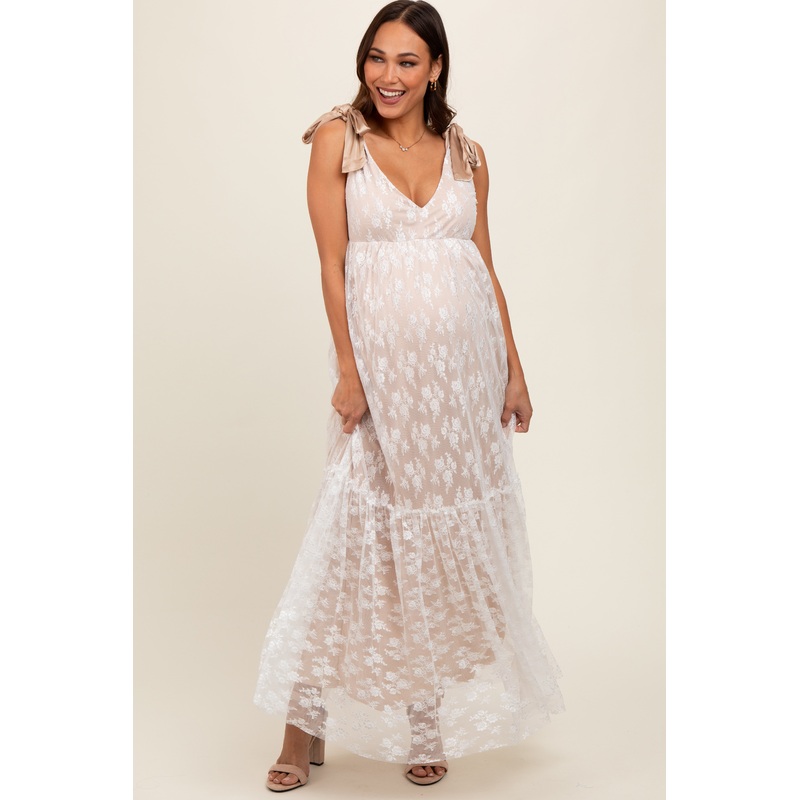 Beige V-Neck Satin Tie Lace Overlay Maternity Maxi Dress