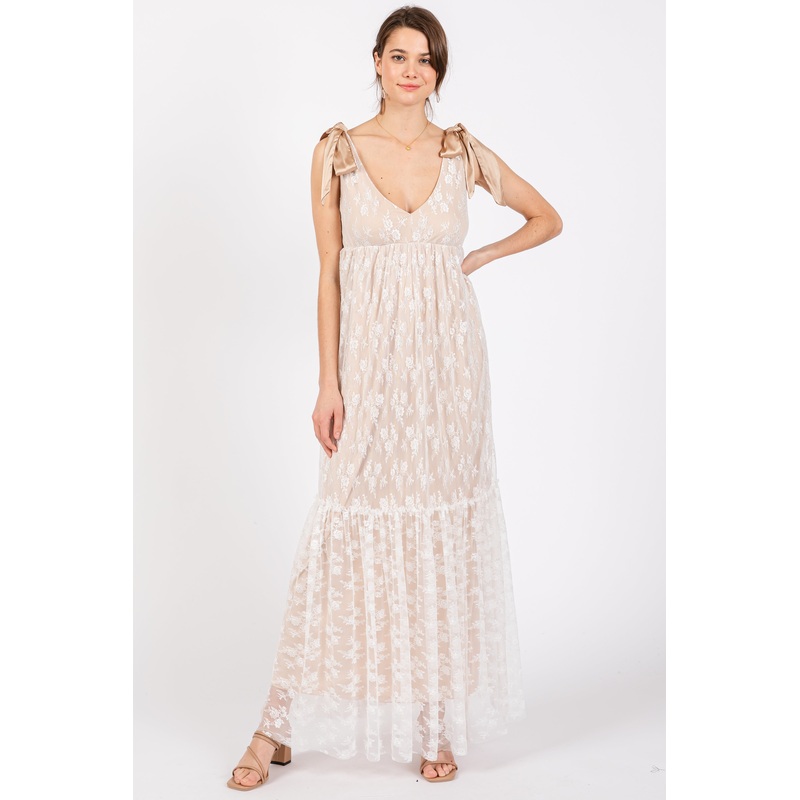 Beige V-Neck Satin Tie Lace Overlay Maxi Dress