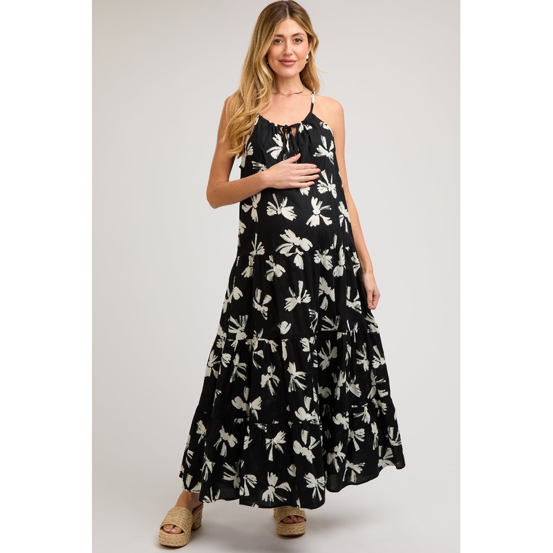Black Bow Print Halter Front Tie Tiered Maternity Maxi Dress