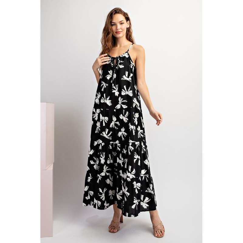 Black Bow Print Halter Front Tie Tiered Maxi Dress