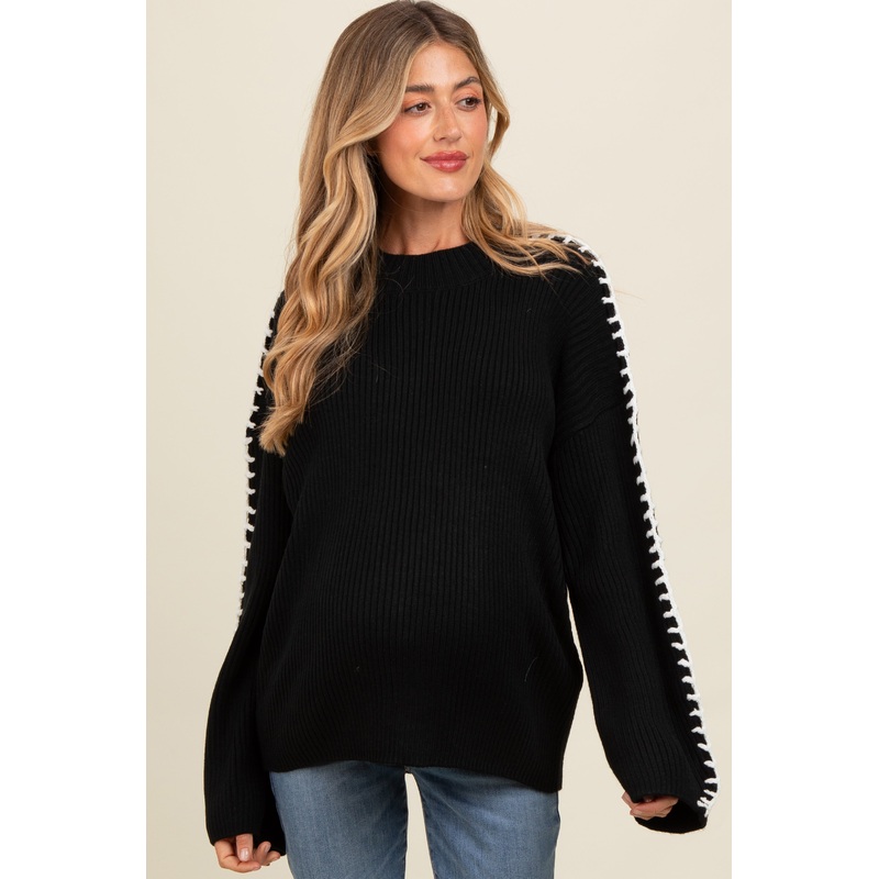 Black Contrast Stitch Maternity Sweater