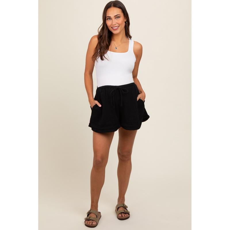 Black Unfinished Hem Maternity Shorts