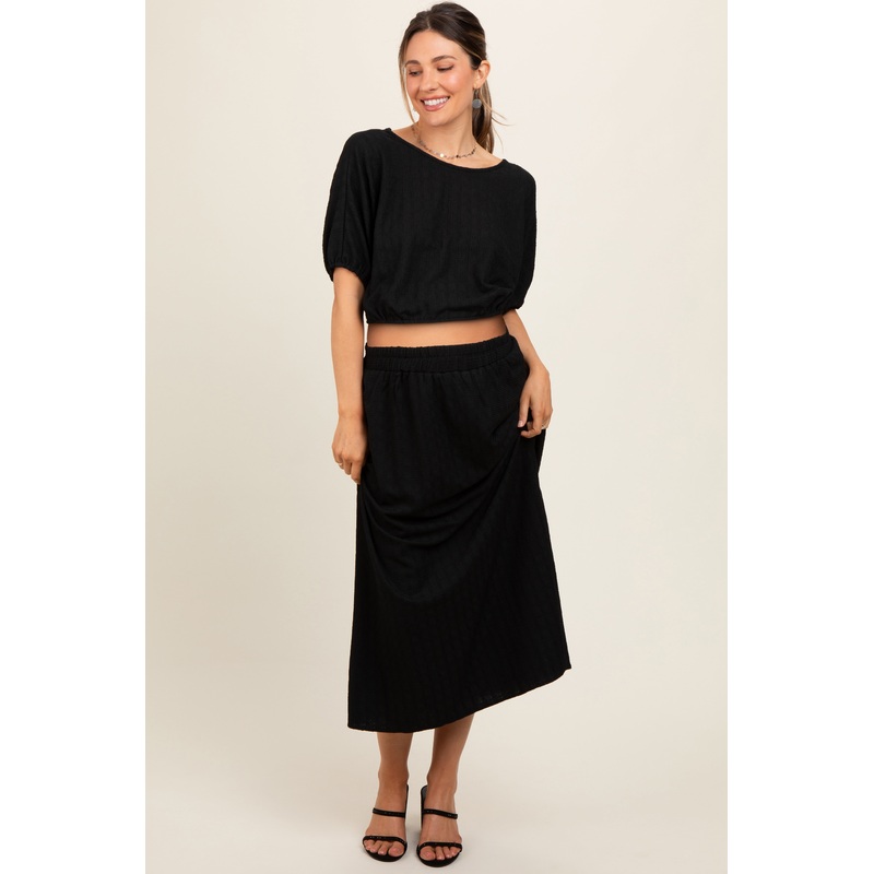 Black Waffle Texture Crop Top and Skirt Maternity Set