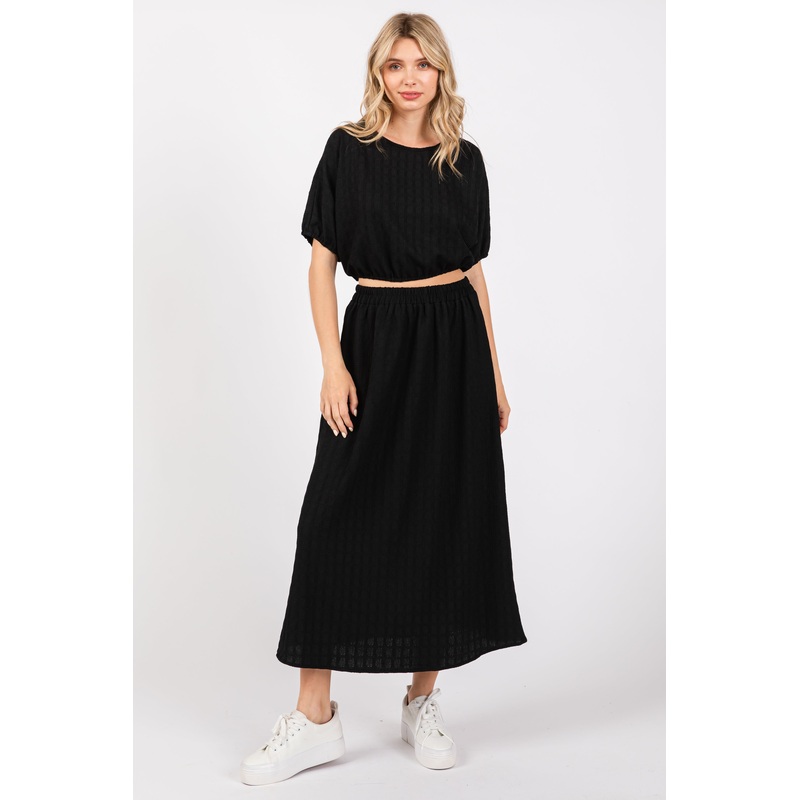 Black Waffle Texture Crop Top and Skirt Set