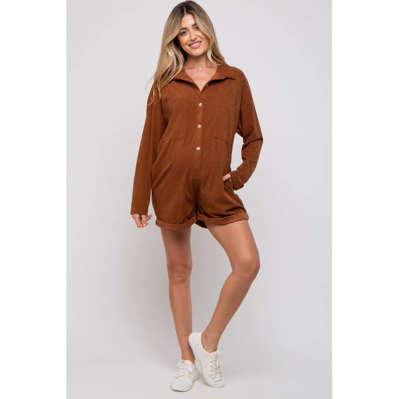 Camel Corduroy Button Up Front Pocket Maternity Romper