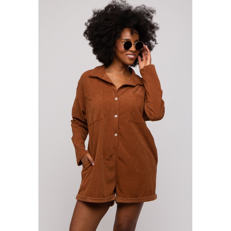 Camel Corduroy Button Up Front Pocket Romper
