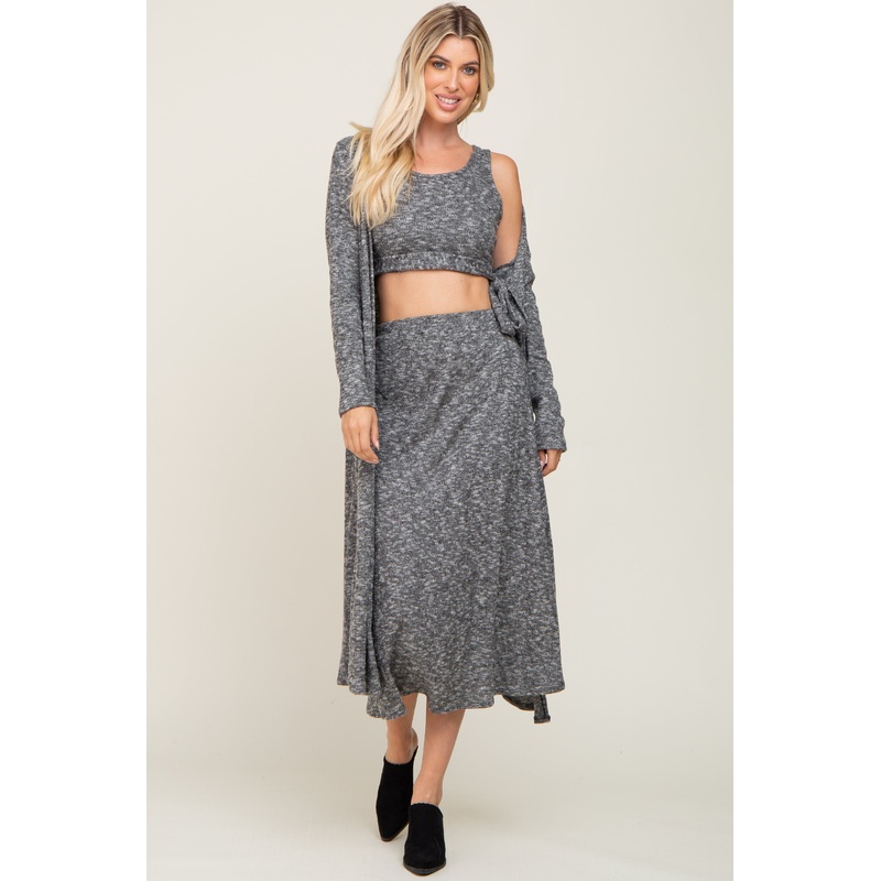 Charcoal 3-Piece Skirt and Cardigan Set