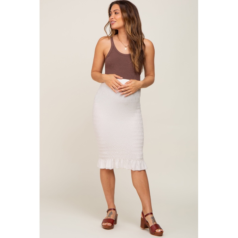 Cream Smocked Frill Hem Maternity Skirt