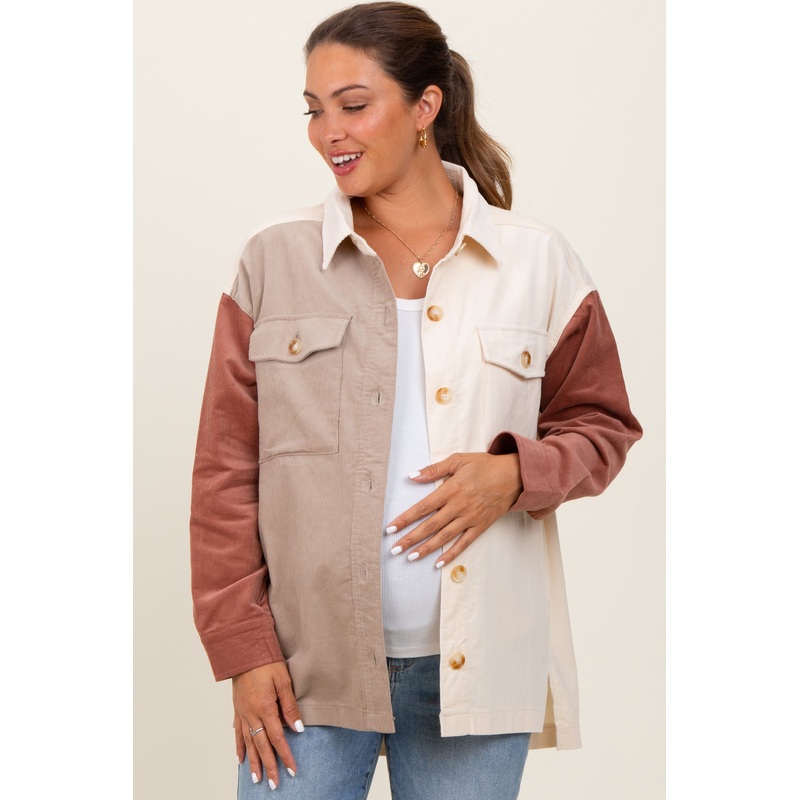 Ivory Corduroy Colorblock Oversized Maternity Shirt Jacket