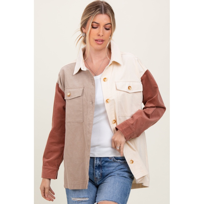 Ivory Corduroy Colorblock Oversized Shirt Jacket