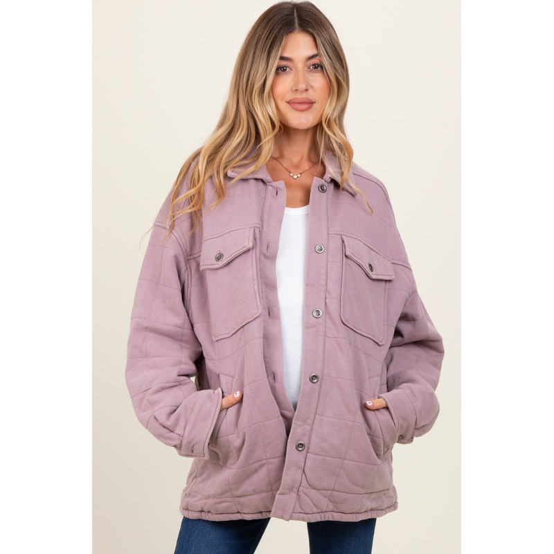 Lavender Oversized Collared Button Down Quilted Maternity Jacket