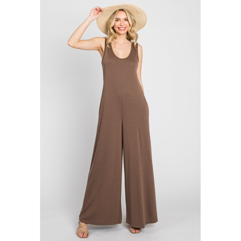 Mocha Wide Leg Sleeveless Jumpsuit