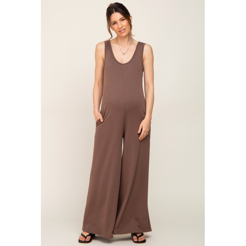 Mocha Wide Leg Sleeveless Maternity Jumpsuit