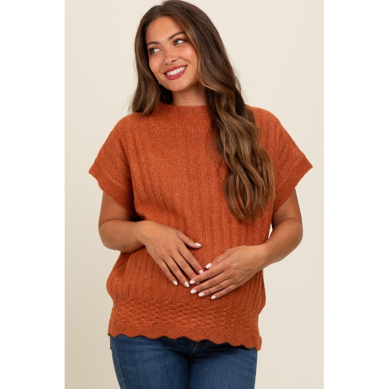 Rust Ribbed Mock Neck Maternity Sweater Top