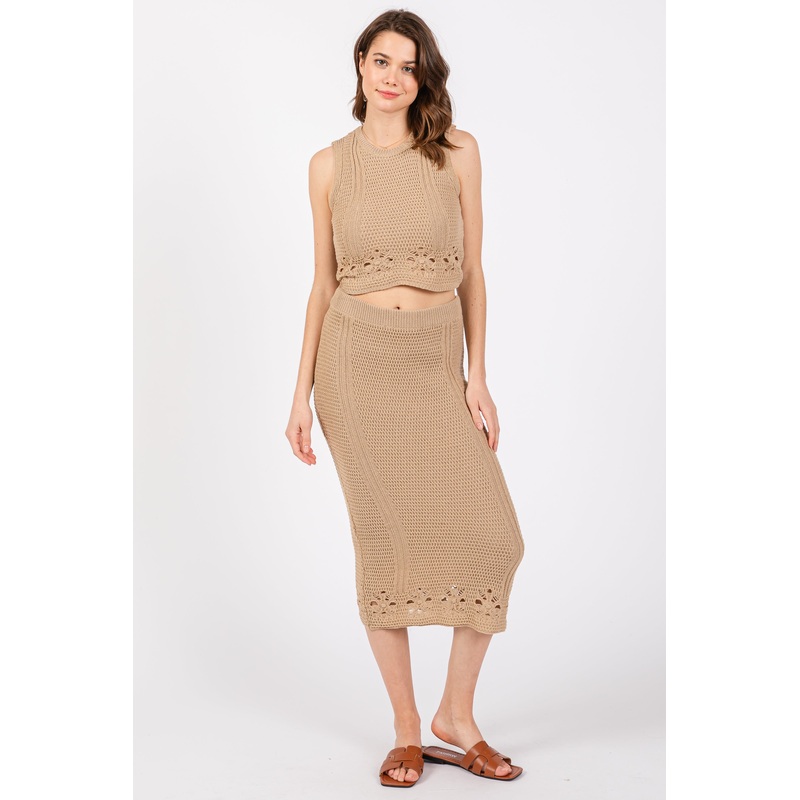 Taupe Crochet Swimsuit Coverup Top and Skirt Set
