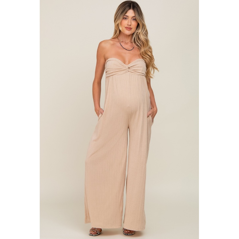 Taupe Strapless Front Twist Maternity Jumpsuit