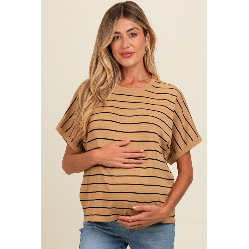 Taupe Striped Boxy Short Sleeve Maternity Top