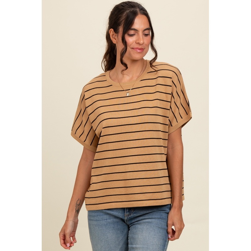 Taupe Striped Boxy Short Sleeve Top