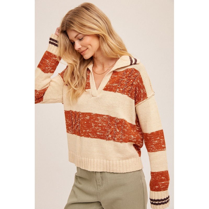 Terracotta Stripe Collared V Neck Sweater Pullover