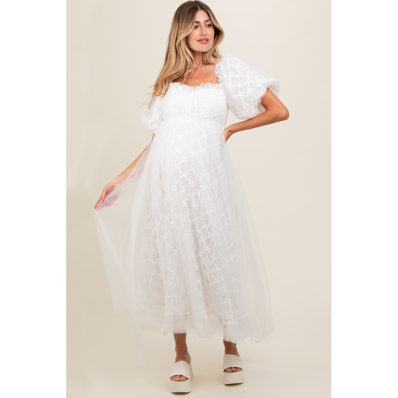 White Balloon Sleeve Embroidery Mesh Maternity Midi Dress