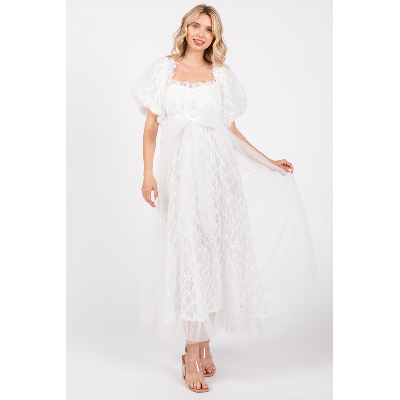 White Balloon Sleeve Embroidery Mesh Midi Dress