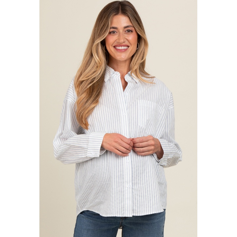 White Striped Maternity Button Down Top