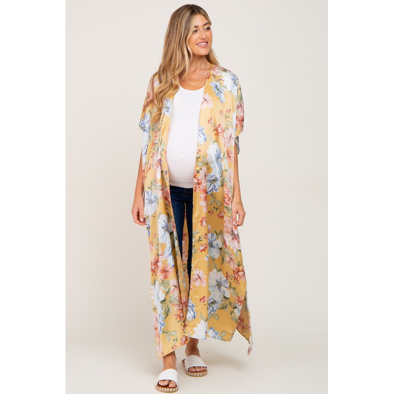 Yellow Floral Side Slit Maternity Cover-Up