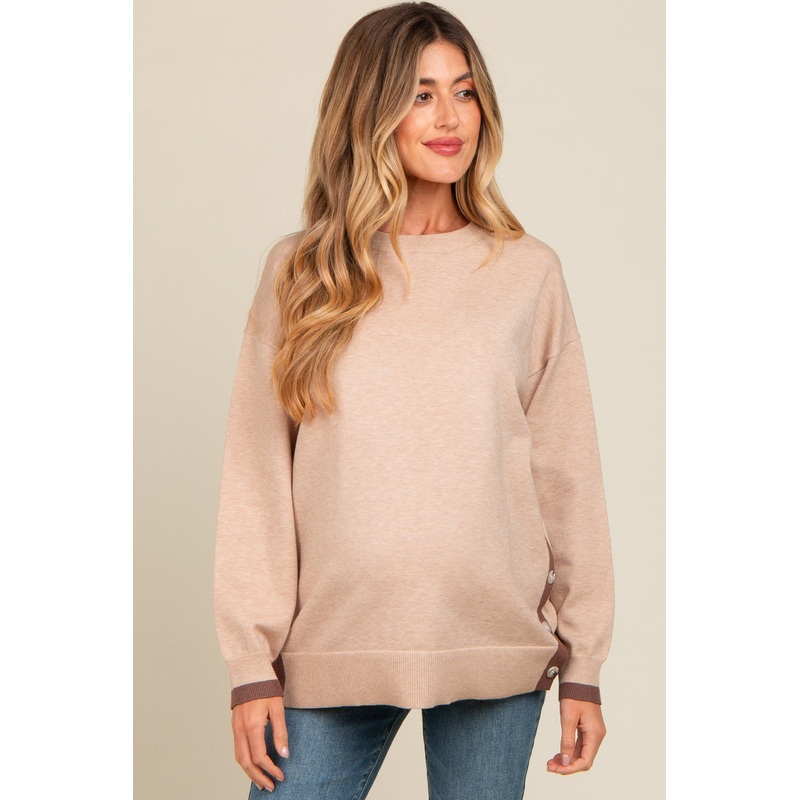 Beige Button Up Side Detail Maternity Sweater