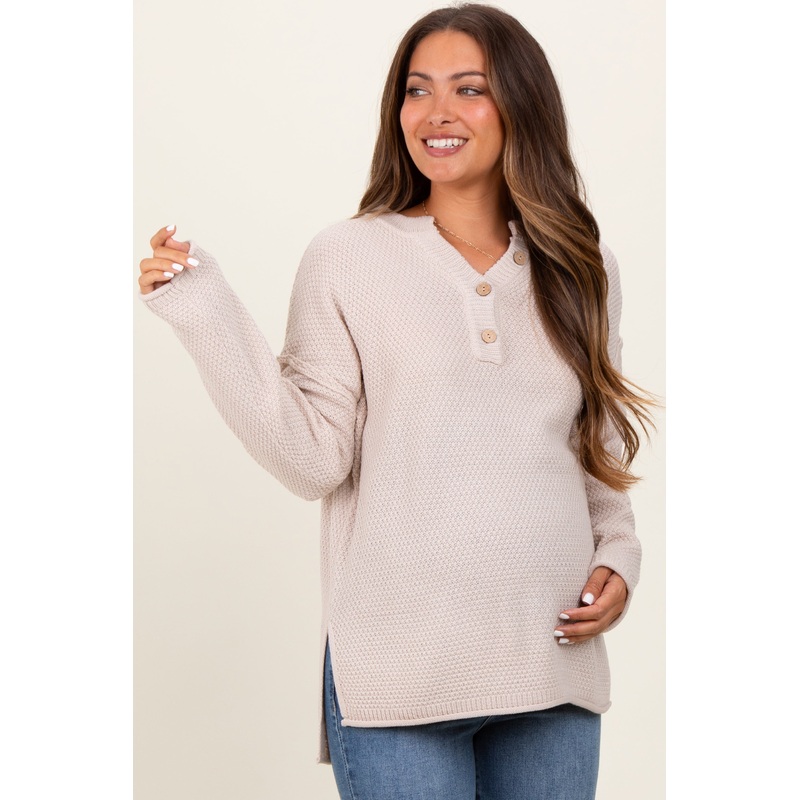 Beige Diamond Knit Button Detail Maternity Sweater