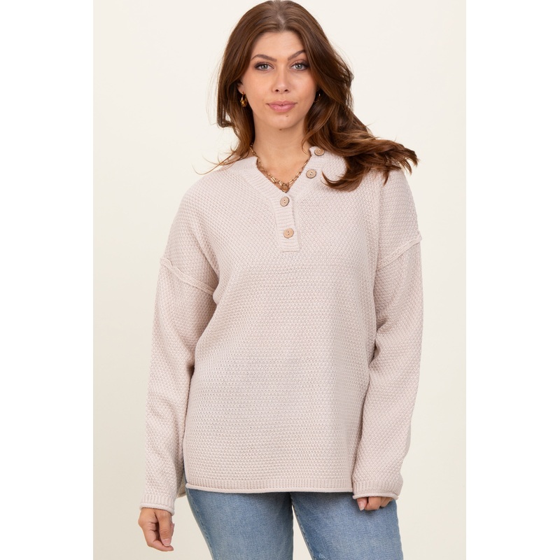 Beige Diamond Knit Button Detail Sweater